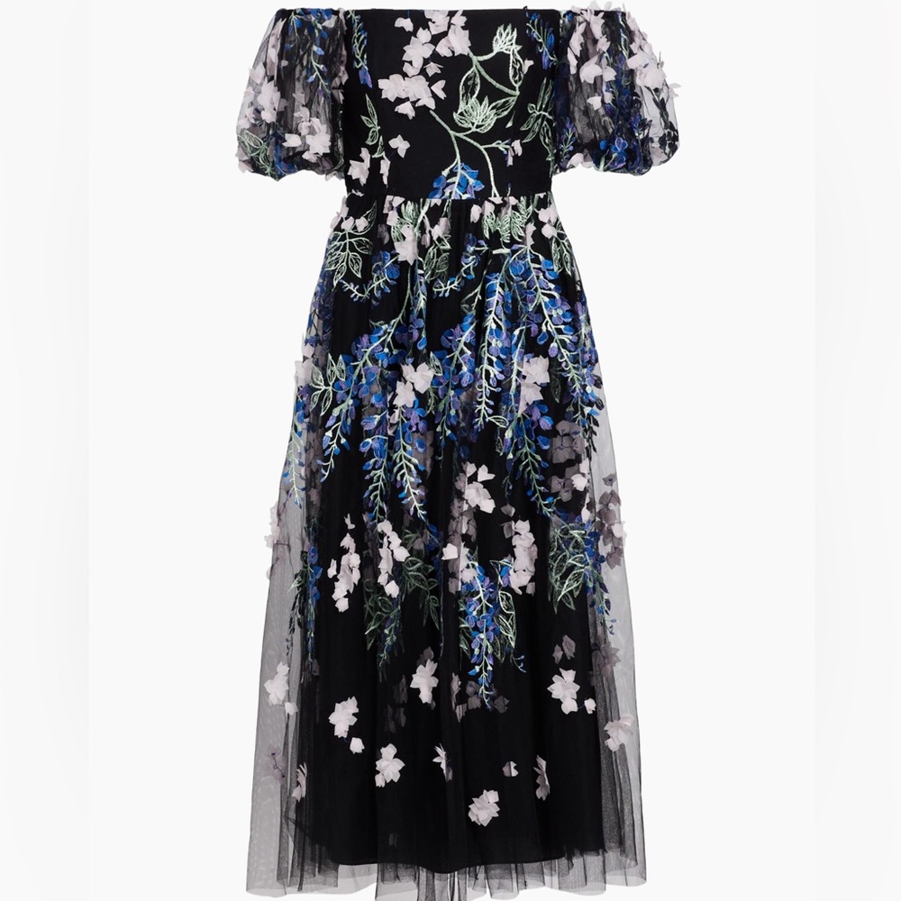 Marchesa Notte Floral Off-The-Shoulder Midi-Dress Size 0